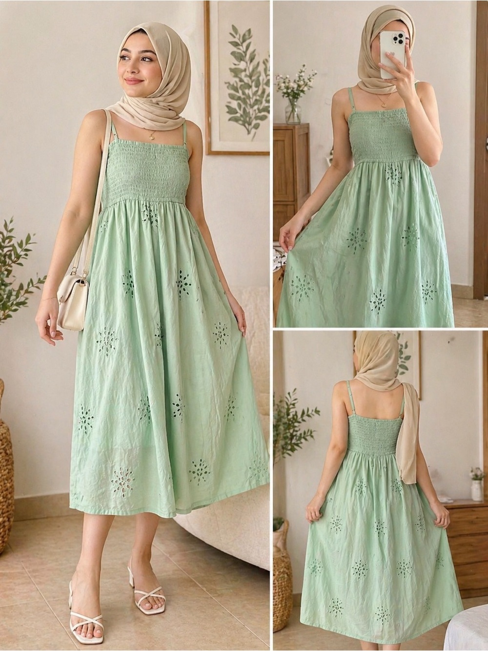 Jabna Green Eyelet Smocked Midi Dress